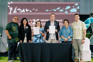 Republic of the Marshall Islands President Hilda Heine, PhD, signs the Blue Planet Climate Agreement, committing the Marshall Islands’ transition to full renewable energy by 2045. Present at the signing are Gov. Lou Leon Guerrero, UOG President Anita Borja Enriquez, DBA, Blue Planet Alliance Executive Director Francois Rogers, UOG Center for Island Sustainability Director Austin Shelton, PhD, and UOG CIS&SG Associate Director for Communications and Community Engagement Kyle Mandapat. The event also coincided with the signing of the Marshall Islands as the newest member of the Green Growth movement on April 9, 2025, at the Hyatt Regency, Guam.