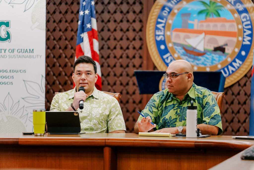 UOG Center for Island Sustainability and Sea Grant Director Austin Shelton, Ph.D., and Lt. Gov. Josh Tenorio facilitate the July Guam Green Growth (G3) Steering Committee. At the meeting, G3 working groups share updates that feed into the island-wide action framework dashboard.