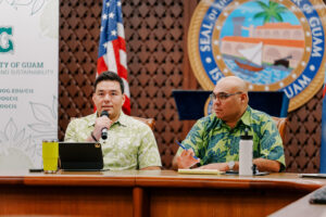 UOG Center for Island Sustainability and Sea Grant Director Austin Shelton, Ph.D., and Lt. Gov. Josh Tenorio facilitate the July Guam Green Growth (G3) Steering Committee. At the meeting, G3 working groups share updates that feed into the island-wide action framework dashboard.
