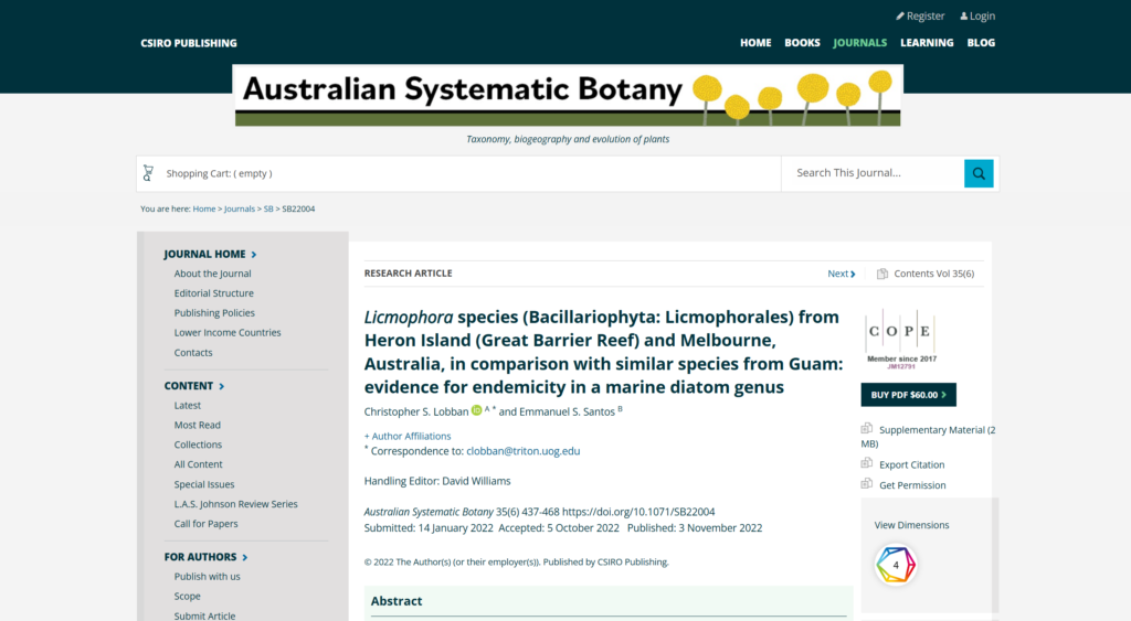Lobban, C.S. & E.S. Santos. 2022. Licmophora species (Bacillariophyta: Licmophorales) from Heron Island (Great Barrier Reef) and Melbourne, Australia, in comparison with similar species from Guam: evidence for endemicity in a marine diatom genus. Australian Systematic Botany 35: 437–468. https://doi.org/10.1071/SB22004