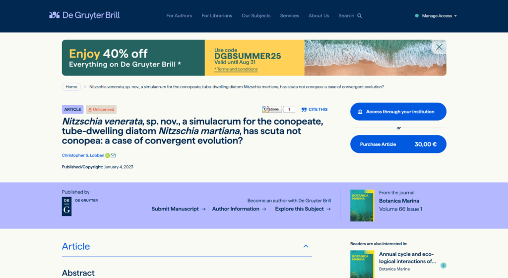 Lobban, C.S. 2023. Nitzschia venerata, sp. nov., a simulacrum for the conopeate, tube-dwelling diatom Nitzschia martiana, has scuta not conopea: a case of convergent evolution? Botanica Marina 66: 73–79.  https://doi.org/10.1515/bot-2022-0063