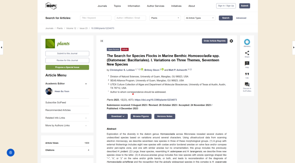Lobban, C.S., B. Sison & M.P. Ashworth. 2023. The search for species flocks in marine benthic Homoeocladia spp. (Diatomeae: Bacillariales). I. Variations on three themes, seventeen new species. Plants 12, 4073. 1–45. https://doi.org/10.3390/plants12234073 (open access)