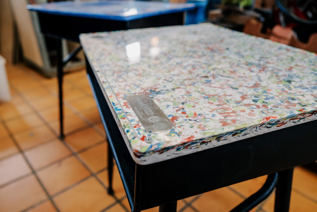 Above is one of two refurbished desk prototypes created at the G3 Makerspace & Innovation Hub. The desktop, made from recyclable plastics, can also be used as a dry-erase board.