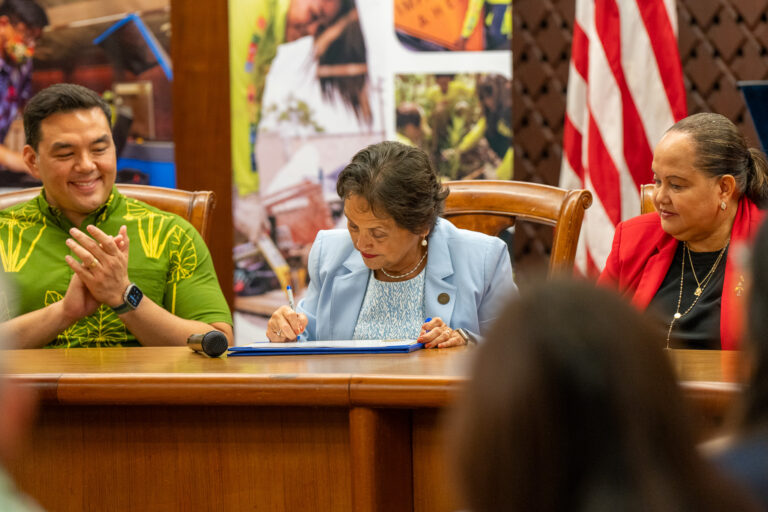 Gov. Lou Leon Guerrero signs the proclamation declaring Sustainable September. Also in the photo, UOG Center for Island Sustainability and Sea Grant Director Austin Shelton, Ph.D. and Sen. Tina Muna-Barnes. Sustainable September kicked-off with a proclamation signing on Friday, Sept 5 at the Governor’s Complex, that emphasizes collaborative efforts to achieve the 17 United Nations Sustainable Development Goals (SDGs) by 2030.