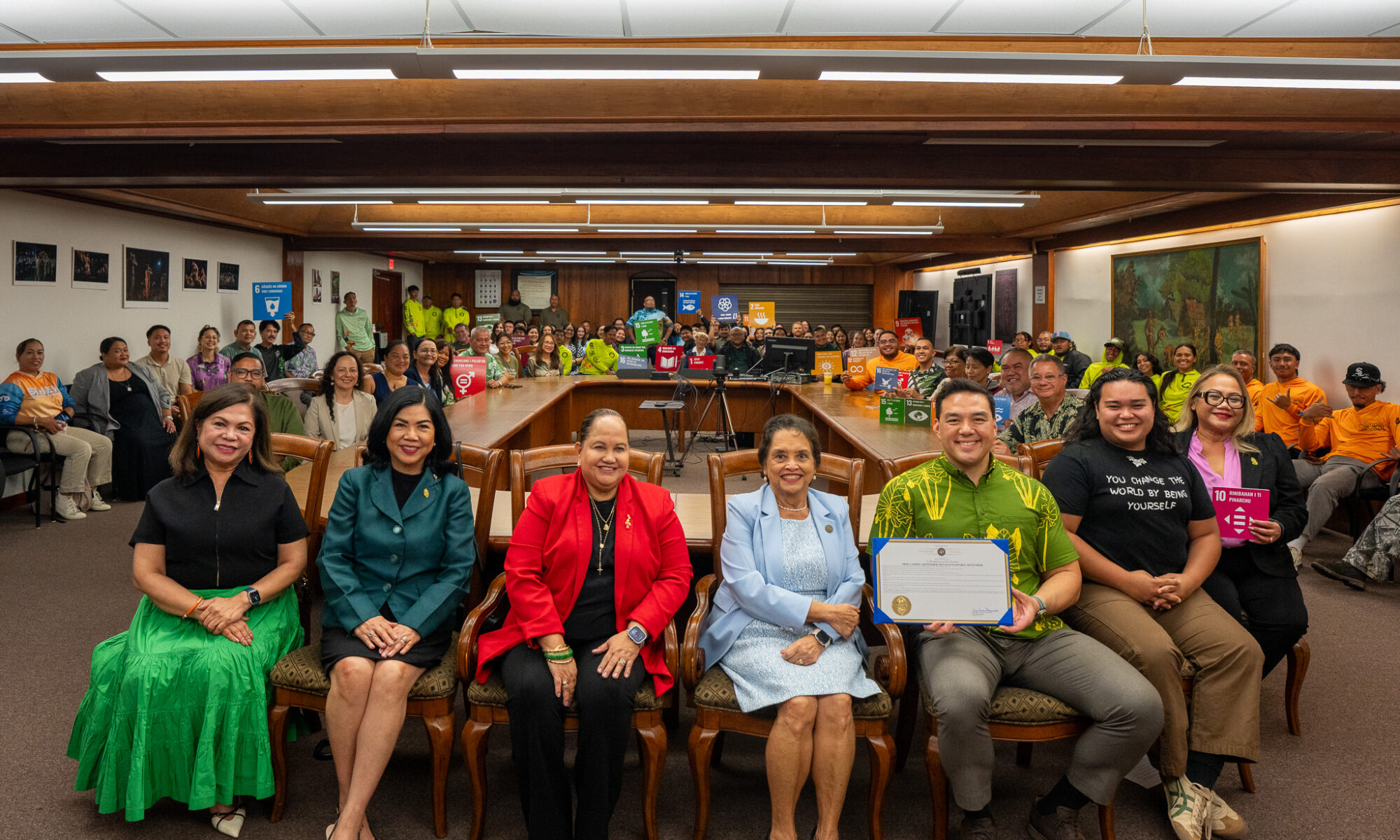  Leaders from the government, academe, and community organizations, led by Gov. Lou Leon Guerrero, UOG President Anita Borja Enriquez, DBA, and UOG Center for Island Sustainability and Sea Grant Director Austin Shelton, Ph.D., come together with representatives from various programs dedicated to sustainability initiatives on Guam. Sustainable September kicked off with a proclamation signing on Friday, Sept 5 at the Governor’s Complex, that emphasizes collaborative efforts to achieve the 17 United Nations Sustainable Development Goals (SDGs) by 2030.