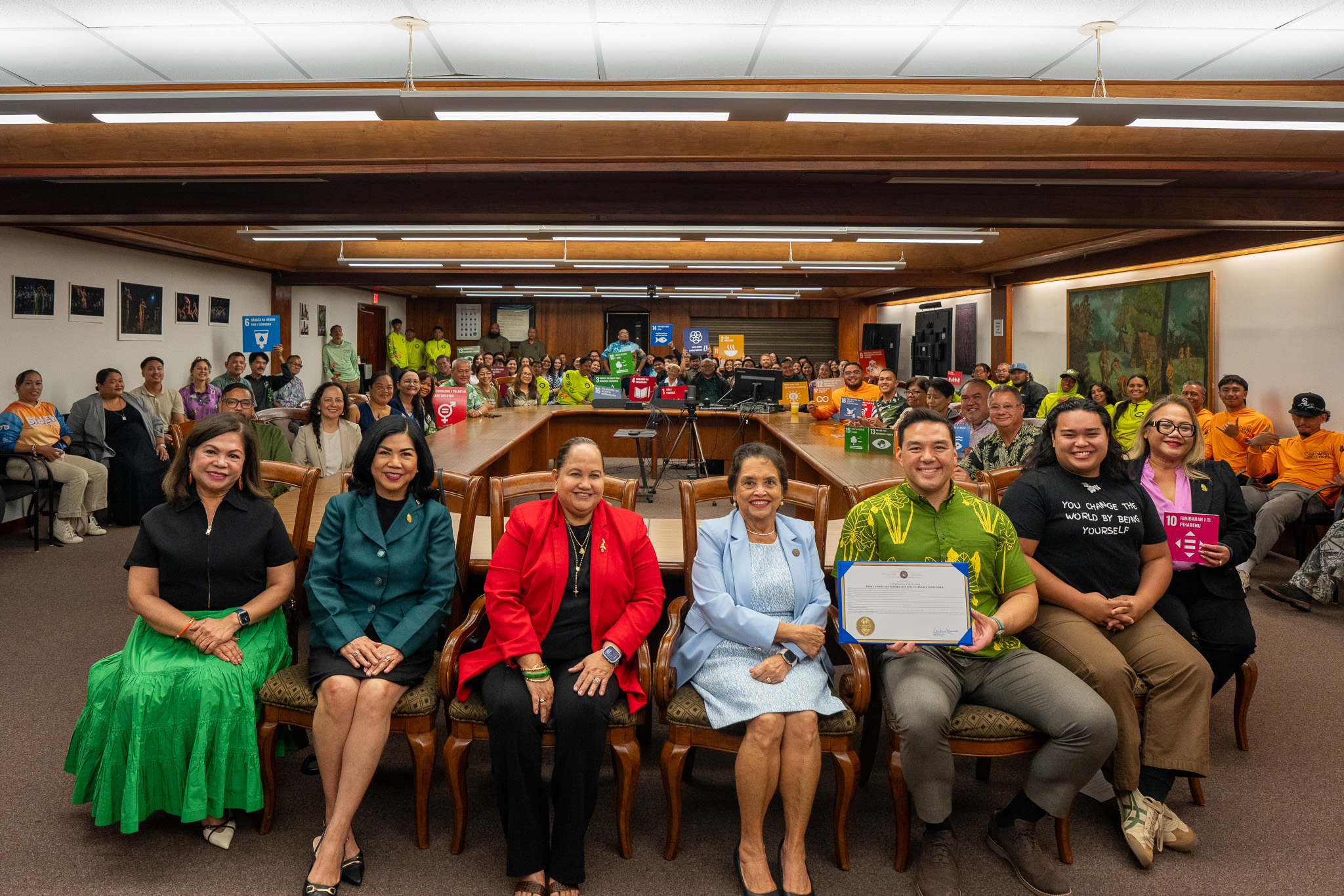 Leaders from the government, academe, and community organizations, led by Gov. Lou Leon Guerrero, UOG President Anita Borja Enriquez, DBA, and UOG Center for Island Sustainability and Sea Grant Director Austin Shelton, Ph.D., come together with representatives from various programs dedicated to sustainability initiatives on Guam. Sustainable September kicked off with a proclamation signing on Friday, Sept 5 at the Governor’s Complex, that emphasizes collaborative efforts to achieve the 17 United Nations Sustainable Development Goals (SDGs) by 2030.