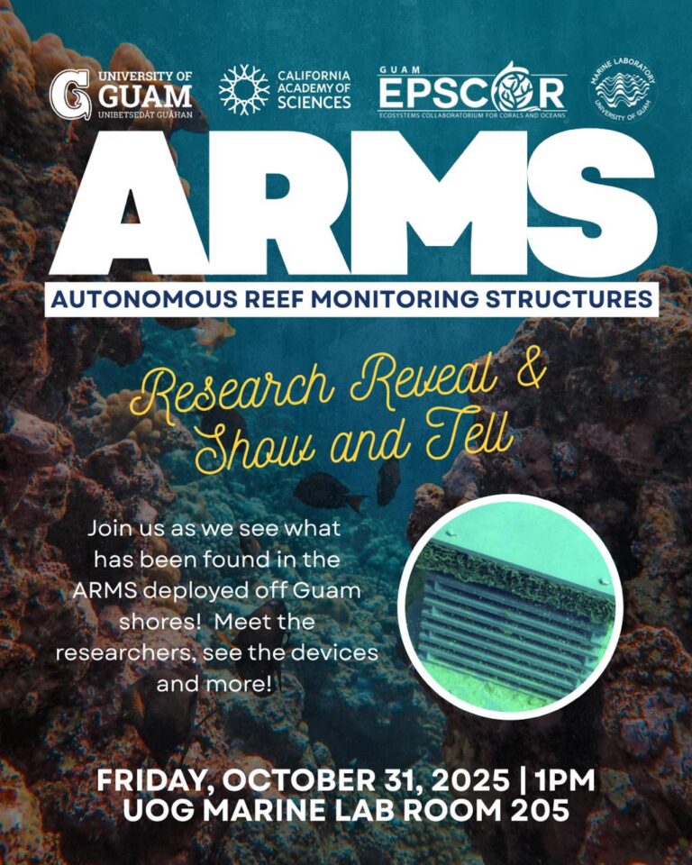 Dive into deep-sea discovery! 🧐 Join the Autonomous Reef Monitoring Structures (ARMS) Research Reveal & Show and Tell this Friday. We're opening up the ARMS devices deployed off Guam's shores to see what incredible marine life and data they've collected. Meet the researchers and explore the future of reef monitoring! 📅 Date: Friday, October 31, 2025 ⏰ Time: 1:00 PM 📍 Location: UOG Marine Lab, Room 205 #Guam #UOG #GuamNSFEPSCoR #CAS #Biodiversity