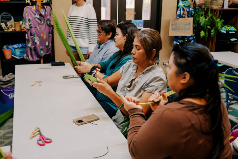Participants in a weaving workshop at the Guam Green Growth Circular Economy Makerspace and Innovation Hub learn the CHamoru Skills of creation with the coconut leaves. A katupat weaving workshop, compete with celebratory kadu, will be help this month at the CHamoru Village campus.