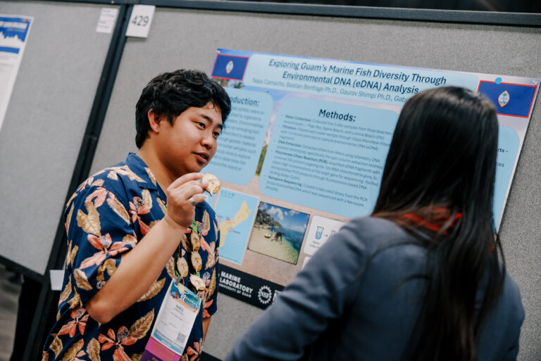 Guam NSF EPSCoR and UOG Marine Lab student Napu Camacho presents his research at the SACNAS NDiSTEM conference in Columbus, Ohio. Camacho was one of the twelve UOG students who submitted abstracts and were selected to present at the national conference. His research looked to explore Guam’s marine fish diversity through environmental DNA analysis.