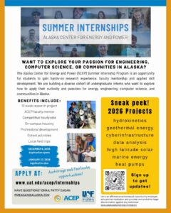 The University of Alaska Fairbanks (UAF) Alaska Center for Energy and Power (ACEP) summer internship is a 10-week program for students interested in renewable energy and energy security. 