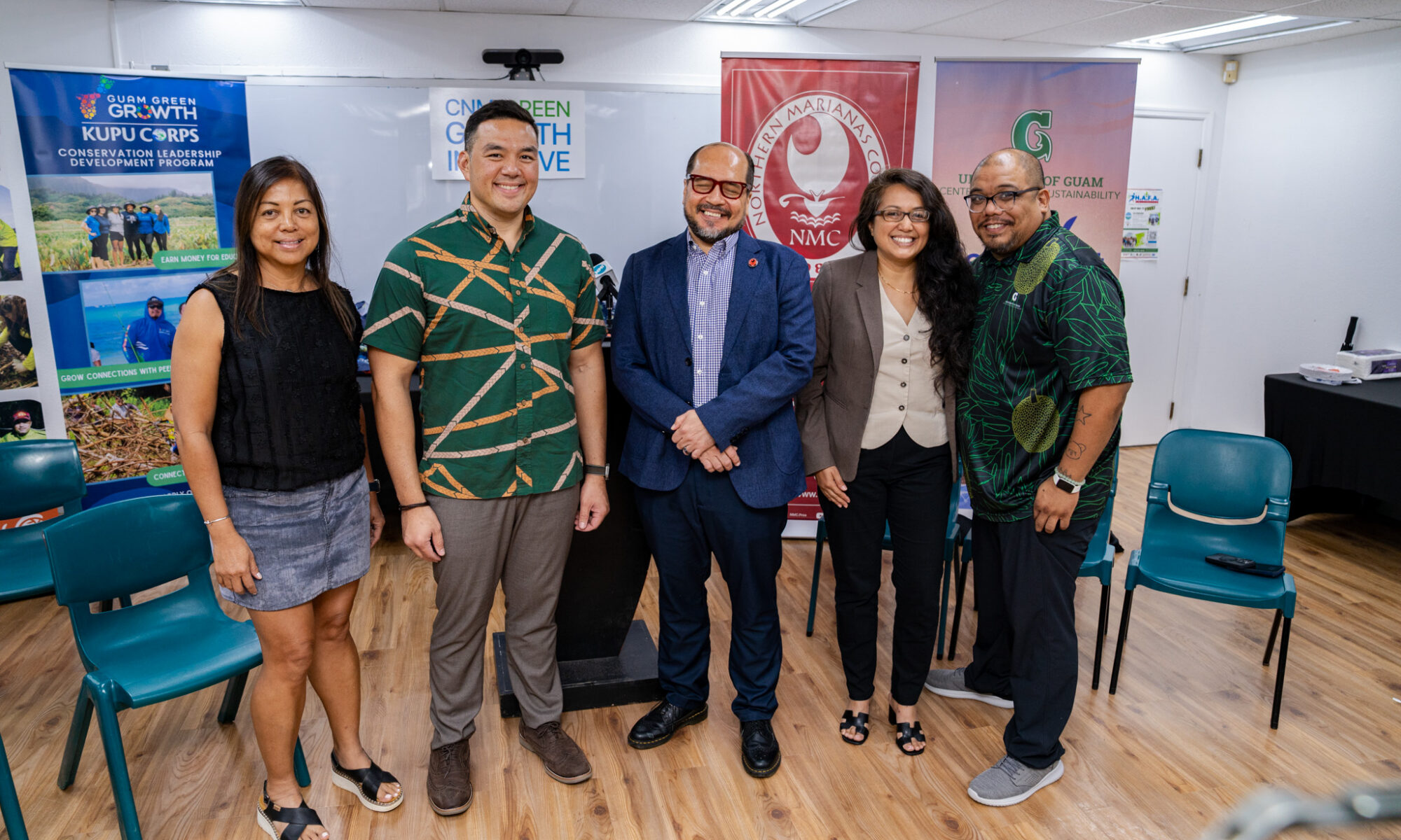 Partners from the University of Guam and Northern Marianas College are pleased to announce the addition of several activities to the CIS2026 agenda that will take place in Saipan.  In collaboration with 500 Sails, NMC has prepared sessions and events aimed to continue the discussion of island sustainability from the conference which will be held on Guam.  Pictured are UOG CIS and Sea Grant Associate Director for Operations and Development Fran Castro, Director Austin Shelton, Ph.D., NMC President Galvin Deleon Guerrero, Ed.D., NMC-CREES Interim Dean Patricia Coleman, Ph.D., and UOG CIS and Sea Grant Associate Director for Communications and Community Engagement Kyle Mandapat.