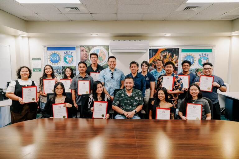 University of Guam students who attended the 2025 Society for the Advancement of Chicanos/Hispanics and Native Americans in Science National Diversity in STEM Conference are recognized during a certificate presentation in January at the UOG College of Natural and Applied Sciences conference room. Pictured with the students are UOG Center for Island Sustainability and Sea Grant Director Austin Shelton, Ph.D.; College of Natural and Applied Sciences Dean and Director Rachael Leon Guerrero, Ph.D.; and Cheryl Sangueza, Ph.D., co-principal investigator of the NSF INCLUDES SEAS and NSF Navigating Home grants and head of student experience for Guam NSF EPSCoR. Sen. Vincent A.V. Borja, chair of the Legislature’s Committee on Education, presented the certificates.