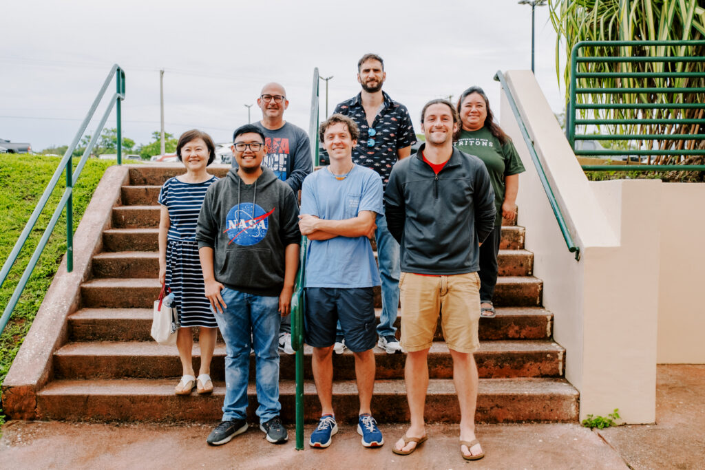 UOG NSF EPSCoR E-RISE's first graduate research assistant cohort with their faculty mentors. Front row L-R: Mark Galang, Alex Loria, and Joe Elper. Back row L-R: Dr. Hyunjin Oh, Dr. Bastian Bentlage, Dr. Michalis Mihalitsis, and Dr. Leslie Aquino. Not pictured: EPSCoR E-RISE GRA Robert Babac and faculty mentor Dr. Joo-Chul Yoon.