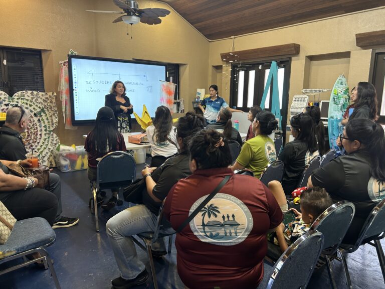 G3 Makerspace Circular Economy Coordinator Abby Crain, with support from Circular Economy Education Assistant Francesca De Oro, provides an overview of the G3 Makerspace and Innovation Hub during a visit by Guam Department of Education school librarians. The librarians toured the facility at the CHamoru Village in February as part of the 2026 GDOE Annual Library Conference.