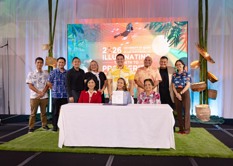 GVB signed an MOU with UOG’s G3 on Friday at the Conference on Island Sustainability held at the Hyatt Regency Guam.  Seated (L-R): UOG President Dr. Anita Borja Enriquez, GVB President & CEO Regine Biscoe Lee, Governor of Guam Lourdes Leon Guerrero;  Standing (L-R):  GVB Director of Finance Rudd Gudmalin, GVB Director of Research Christian Valencia, UOG Vice President of Finance Dr.Artemio “Ricky” Hernandez, UOG Senior Vice President and Provost Dr. Sharleen Santos Bamba, Director of UOG Sea Grant and CIS Dr. Austin Shelton, Lt. Governor of Guam Joshua Tenorio, G3 Project Associate Jaret Castro, and G3 Action Framework Coordinator Camarin Quitugua.