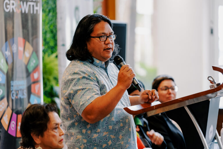 William Castillo, associate professor and workforce development coordinator at Leeward Community College, speaks during a press conference for CIS2026,