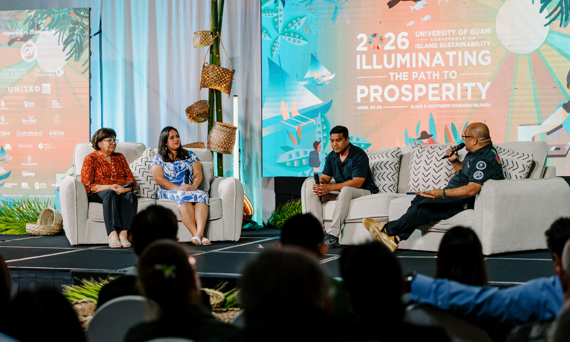 Panelists Carlotta Leon Guerrero, Maria Hernandez May, and John Howard, joined moderator Kyle Mandapat, during the Sinlaku Recovery Panel at CIS2026