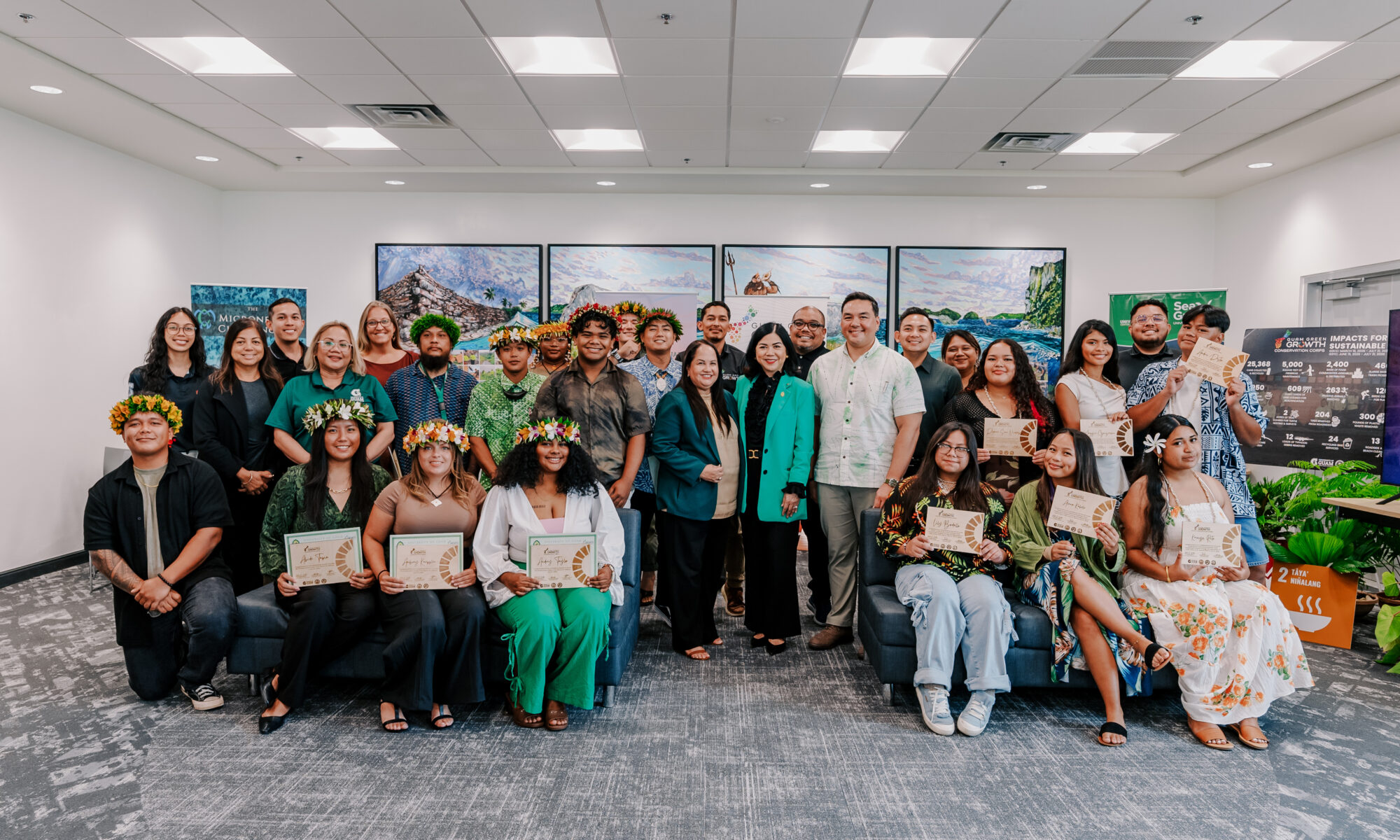University of Guam President Anita Borja Enriquez, DBA, UOG Center for Island Sustainability and Sea Grant Director Austin Shelton, Ph.D., and program leaders join graduates of the sixth Guam Green Growth (G3) Conservation Corps cohort and G3 Youth Conservation Corps in group photo