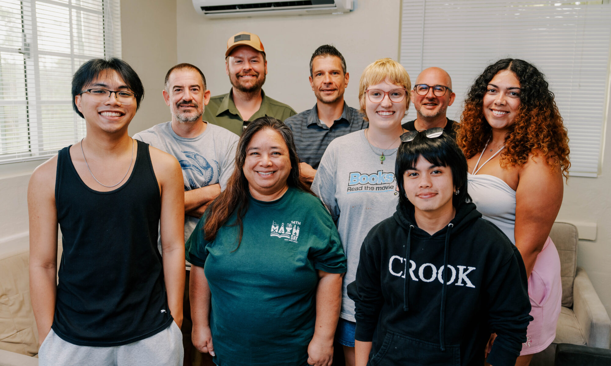 Guam NSF EPSCoR’s latest E-RISE and E-CORE Graduate Research Assistant cohort and their faculty mentors. Front L-R: Johndeo Bulatao, Leslie Aquino, Ph.D., Kai Chaco. Middle L-R: Rob Lasley, Ph.D., Jade Peairson, Sydney Payne. Back L-R: Trey Ward, Tom Schills, Ph.D., Bastian Bentlage, Ph.D.